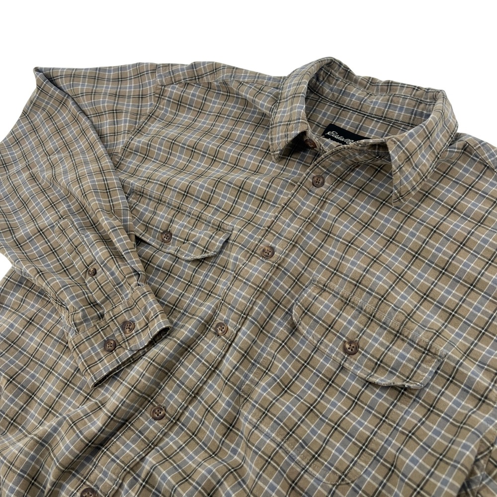 Eddie Bauer Mens Plaid Long Sleeve Button Down Shirt Brown Tan Check Size XL